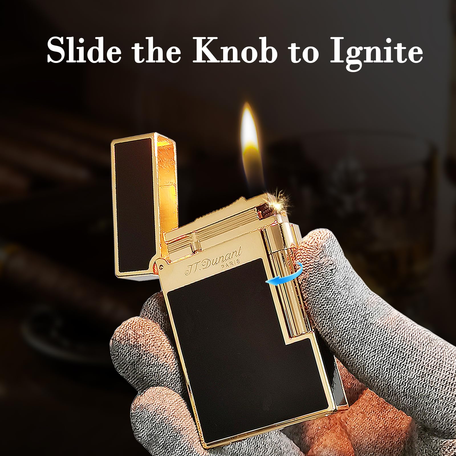 Black Lacquer Silver Lighter, Refillable, Adjustable Soft Flame, Traditional Flame Lighter with Adjustable Flame Dial, Gift for Men Dad Husband Somker